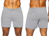 Back view of gray bike athletic bam207 coaches shorts with 5 inch inseam and subtle branding on the back pocket