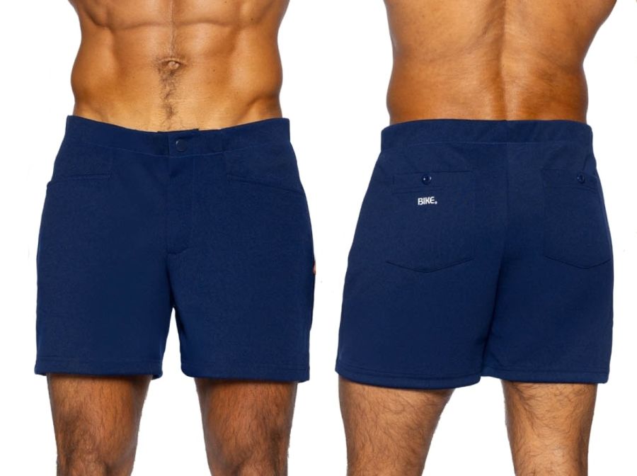 Back side of navy blue bike athletic bam207 coaches shorts with 5 inch inseam and subtle brand logo on back pocket