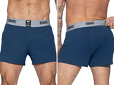 Navy bike athletic BAM216 men’s boxer briefs with gray waistband and black logo designed for performance and comfort