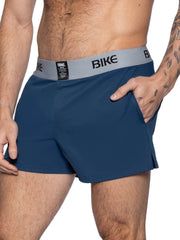 Navy blue bike athletic BAM216 performance jock shorts with gray waistband and black bike logo for active wear