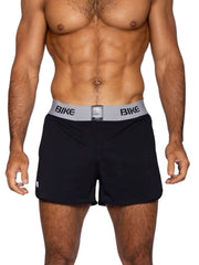 Black bike athletic bam225 peek-a-boo jock shorts with gray waistband and bold bike lettering for active use