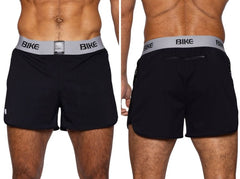 Black bike athletic bam225 peek-a-boo jock shorts with gray waistband and bike logo in black lettering