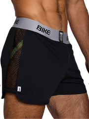 Black bike athletic bam225 peek-a-boo jock shorts with gray waistband and neon green trimmed mesh side panels