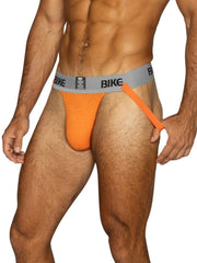 Orange BIKE athletic jockstrap with gray waistband and orange strap.
