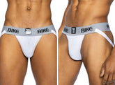 White bike athletic bas304 classic jockstrap with gray waistband and black lettering for sports support