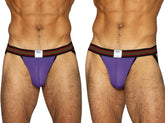 Purple BIKE athletic performance mesh jockstrap with striped waistband.