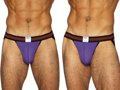 Purple BIKE athletic performance mesh jockstrap with striped waistband.