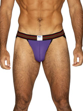 Purple BIKE athletic performance mesh jockstrap with striped waistband.