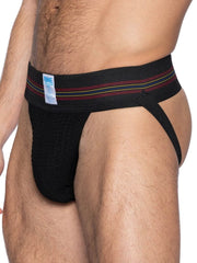 Black BIKE athletic BAS306 Original Number 10 jockstrap with striped maroon yellow and white waistband front view