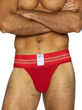 Red bikc brand bike athletic bas306 original number 10 jockstrap with white striped waistband in vibrant red