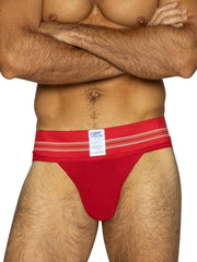 Red bikc brand bike athletic bas306 original number 10 jockstrap with white striped waistband in vibrant red