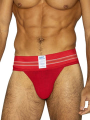 Red bike brand bas306 original number 10 jockstrap with textured fabric and thin white stripes along the waistband