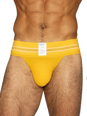 Bright yellow bike athletic briefs with white stripes and a branded label designed for sports use