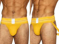 Bright yellow BIKE Athletic BAS306 original number 10 jockstrap with white stripes and branded tag in front view