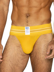 Bright yellow textured fabric bike brief with white stripes and bike brand label in the original number 10 style