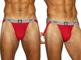 Red BIKE athletic jockstrap for men, showing front pouch and side straps.