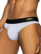 Gray heathered bike briefs with black waistband and gold bike lettering from BIKE athletic BAS319 active thong in light gray