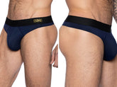 Navy blue BIKE Athletic BAS319 active thong bike briefs with black waistband and gold bike lettering front view