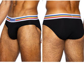 Black bike athletic bas327 stretch cotton briefs with white waistband and red yellow blue stripes in front view