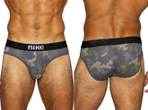 Men's BIKE camo print cotton stretch briefs, front and back view.