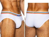 White bike athletic bas327 stretch cotton briefs with colorful striped waistband and blue bike lettering