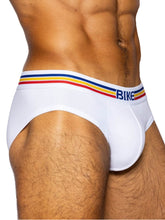 White bike athletic bas327 stretch cotton briefs with colorful red yellow blue striped waistband and bold navy bike logo