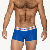 A man wearing royal blue BIKE athletic trunk underwear with a white, red, yellow, and blue striped waistband.