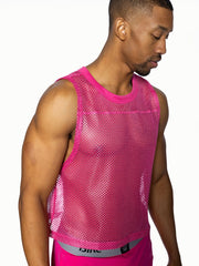 A vibrant pink mesh sleeveless practice jersey with rounded neckline and elasticated hem by BIKE