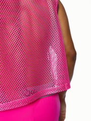 A vibrant pink bike sleeveless practice jersey with sheer breathable mesh fabric and a slightly flared hem
