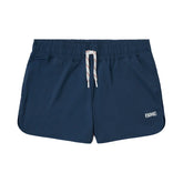 BIKE Athletic navy gym shorts with a white drawstring and small white logo on the right hem, on a white background.