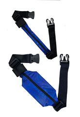 Blue athletic running belt with black adjustable straps and zipper closure for hands-free storage and comfort