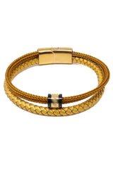 Dashing go bracelet gold-toned braided leather with sleek magnetic clasp and textured accent bead