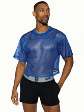 Blue mesh crop top with solid blue ribbed neckline and sleeve edges from BIKE practice jersey collection