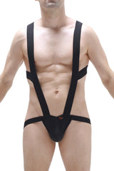 PetitQ BodyJockstrap black suspenders-style snug bodysuit with a small red logo on the front
