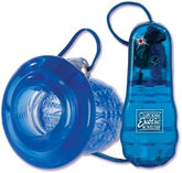 CalExotics Maestro blue jelly masturbator with a textured interior and attached control remote.