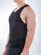 A man wearing a black mesh Full Kit Gear Captivity Tank Top, seen in profile against a plain white background.