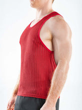 Side profile of a man wearing a burgundy Full Kit Gear Captivity Tank Top in an open-weave knit fabric.