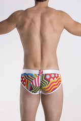 Groovin underwear pop art cup boxer with vibrant multicolored geometric and abstract patterned briefs in red yellow blue green and white