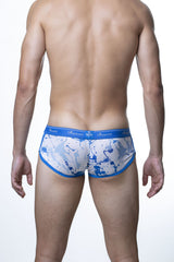 Blue and white splatter-patterned men’s briefs with solid blue arovia waistband groovin underwear splatter art cup boxer
