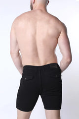 Black full court denim zipper shorts with sleek modern cut and subtle stitching details in durable denim material