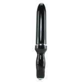 Glossy black novelty toy with a rounded tip, silver accent ring, and textured base, standing vertically on white.