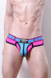 Comicaze brief bright pink and light blue mesh briefs with black trim and sssticks logo on the waistband