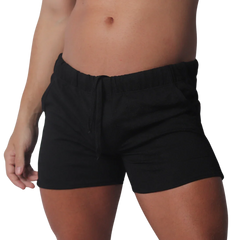 Black cotton-blend casual shorts featuring an elasticated waistband and matching drawstring.