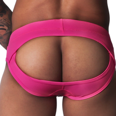 Fuchsia-colored jockstrap made of textured fabric, featuring a wide, open-back cutout design.