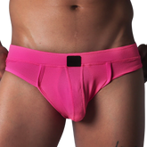 Fuchsia textured mesh jockstrap brief with a wide waistband and a central black logo patch.