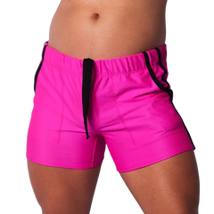 Fuchsia athletic mesh shorts with a black elastic waistband, black drawstrings, and black side trim.