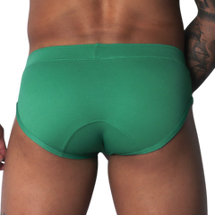 Green textured microfiber brief with a contoured back seam, shown from behind.