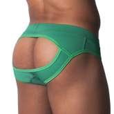 Green textured open-back jockstrap with wide elastic waistband and reinforced trim.