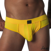 Bright yellow, textured mesh brief with a supportive pouch, tonal piping, and a small black rectangular logo patch.