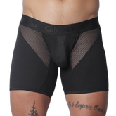 Black men's trunk with mesh panels, ribbed fabric, and a branded elastic waistband.